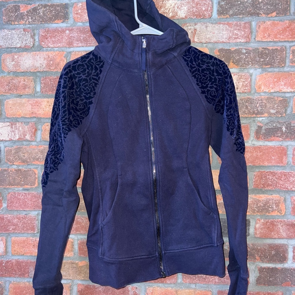 Lululemon Navy Zip-Up Hoodie with Floral Burnout Shoulder Panels